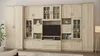 A large, light-colored wooden entertainment center with multiple cabinets and shelves, featuring a television. Produktbild-Vorschau