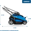 A blue electric lawnmower shown from the side with dimensions indicated. Produktbild-Vorschau