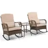 Two wicker rocking chairs with beige cushions and a small glass-topped side table, set against a white background. Podgląd zdjęcia produktu