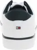 The back view of a white sneaker with a dark blue heel tab and a small Tommy Hilfiger flag logo. Náhled obrázku produktu