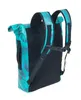The back view of a teal and dark blue patterned roll-top rucksack is shown against a white background. Produktbild-Vorschau