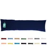 A long, dark blue body pillow is displayed horizontally against a white background. Below the pillow, there are swatches of various colors representing different color options for the pillow. Produktbild-Vorschau