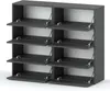 A modular shoe cabinet with multiple open compartments, each with a hinged door. Voir les images du produit