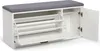 A white shoe cabinet bench with a gray cushioned top, shown with its doors open. Voir les images du produit