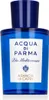 A product shot of a blue glass perfume bottle with a white label. Náhled obrázku produktu