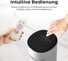 A hand holding a remote control near a fan's control panel, with text overlay advertising "Intuitive Bedienung." Produktbild-Vorschau