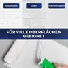 Collage showing different wall surfaces and a paint roller applying white paint. Produktbild-Vorschau