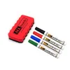 A whiteboard eraser and four markers are arranged on a white background. Produktbild-Vorschau