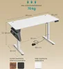 A diagram of a white height-adjustable desk with dimensions and feature callouts. Produktbild-Vorschau