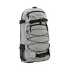 A gray backpack with black accents is shown against a white background.