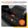Close-up of the control panel of a shoe dryer, showing buttons, a digital display, and indicator lights, with marketing text in German. Produktbild-Vorschau