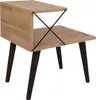 A side view of a two-tiered wooden side table with dark brown tapered legs. Anteprima dell’immagine prodotto