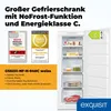 A white upright freezer with its door open, showing multiple drawers filled with food items. To the left, there are two award badges and a section with bullet points describing product features. An energy efficiency label is visible on the top right of the Produktbild-Vorschau