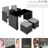 A rattan garden furniture set with a table, chairs, and ottomans, along with descriptive text and close-up images of features. Produktbild-Vorschau