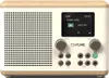 A digital radio with a wooden top and white body, placed on a white background. Produktbild-Vorschau
