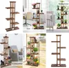 Collage of images showing a wooden plant stand in various settings, including an office, living room, and balcony, as well as a standalone product shot. Produktbild-Vorschau