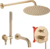 A set of gold-colored bathroom fixtures, including a shower head, handheld shower, faucet, and a concealed valve, arranged against a white background. Produktbild-Vorschau