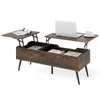 A lift-top coffee table with storage compartments, shown with a laptop and books. Voir les images du produit