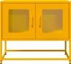 A bright yellow cabinet with two glass doors and two handles, shown on a white background. Voir les images du produit