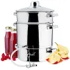 A stainless steel steam juicer with bottles of juice, raspberries, and sliced apples. Produktbild-Vorschau