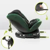 A green and black car seat shown from the side, with inset images highlighting specific features. Produktbild-Vorschau