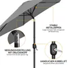 Close-up view of a gray umbrella, highlighting its features with text callouts. Produktbild-Vorschau