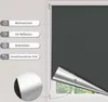 A dark gray roller blind is shown partially unrolled, revealing a silver reflective layer. Textual descriptions of the blind's features are displayed on the left side of the image. Produktbild-Vorschau
