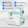 A turquoise and white overlock sewing machine is shown on a white surface with a light gray background. Text and icons describing its features are displayed to the left and top right of the machine. Produktbild-Vorschau