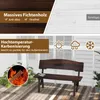 A dark brown wooden garden bench is shown on a wooden deck with plants in the background. The image includes marketing text and icons. Náhled obrázku produktu