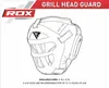 A line drawing of a head guard with text and branding. Voir les images du produit