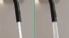 A close-up view of a black kitchen faucet with water spraying from two different modes. Produktbild-Vorschau