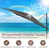 A large cantilever umbrella is shown on a beach with the ocean and sky in the background. Arrows indicate airflow and sun protection. Náhled obrázku produktu