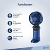 A marketing image for a blue portable fan, showcasing its features with icons and text. Produktbild-Vorschau
