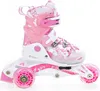 A single pink and white roller skate with three wheels is shown against a white background. Produktbild-Vorschau