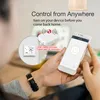 A person is holding a smartphone and interacting with a smart home device, illustrating remote control capabilities. Produktbild-Vorschau