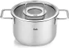 A stainless steel pot with a glass lid is shown against a white background. Produktbild-Vorschau