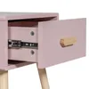 Close-up view of an open drawer on a pink nightstand, showing the drawer slides and a wooden handle. Produktbild-Vorschau