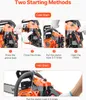 Instructions for starting a chainsaw, showing cold start and hot start methods. Produktbild-Vorschau