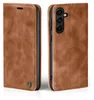 A brown leather flip case for a smartphone is shown from two angles. Produktbild-Vorschau