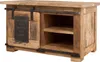 A wooden chest with a sliding door and metal accents. Produktbild-Vorschau