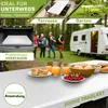 A collage of images showing a folding table in various settings, including a car trunk, a terrace, a garden, and a campsite with a caravan. Food and drinks are laid out on the table in the foreground. Anteprima dell’immagine prodotto