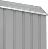A close-up view of the side and roof of a gray metal shed. Náhled obrázku produktu