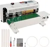 A white continuous band sealing machine with a green conveyor belt is shown on a white background. Several accessories are laid out in front of the machine. Anteprima dell’immagine prodotto
