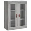 A grey wooden cabinet with two glass doors and brown leather handles is shown against a white background. Produktbild-Vorschau