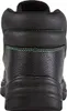 The back view of a black work boot with green stitching. Produktbild-Vorschau