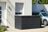 A dark gray storage box is placed on a paved area next to a white house and a silver car. Produktbild-Vorschau