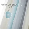 A close-up of sheer curtains with a hollow-out star pattern, showing different color gradients and a magnified view of a star. Náhled obrázku produktu