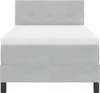 A front view of a light gray box spring bed with a white mattress topper. Produktbild-Vorschau