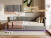 A modern gray upholstered bed with pink and white bedding, featuring LED lighting at the base and a framed artwork on the wall. Náhľad obrázku produktu