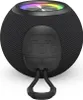 A black, spherical Bluetooth speaker with colorful LED lights on top and control buttons on the front. Produktbild-Vorschau
